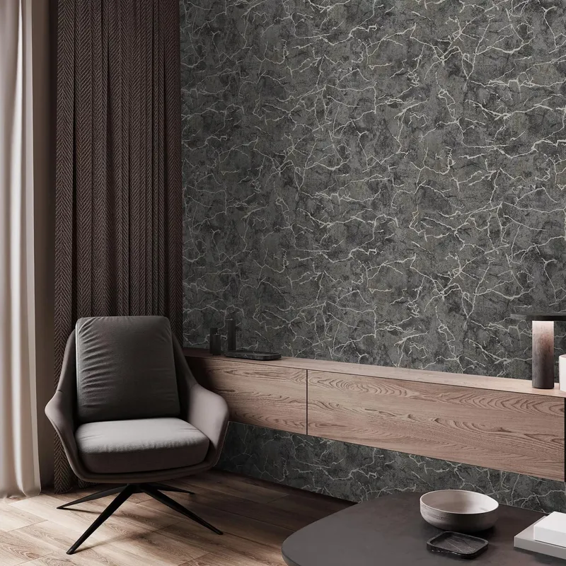 Boutique Carrara Textured Plain Onyx Wallpaper in Black Size: 10000mm x 520mm - Black