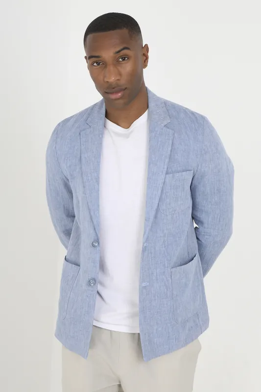 Brave Soul Mens Light Blue 'Cambridge' Button Through Chambray Blazer - Size Small