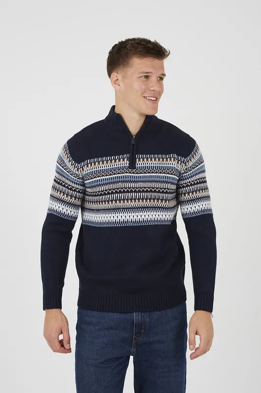 Brave Soul Quarter Zip Mens Fairisle Jumper
