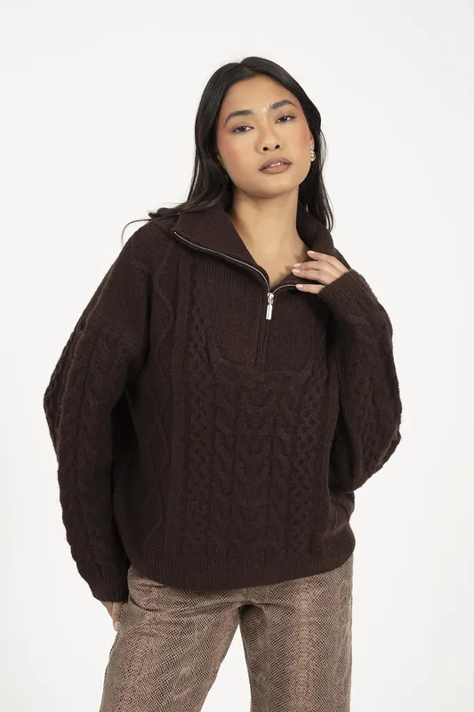 Brave Soul Quarter Zip Womens Cable Knit Jumper - - Size: S