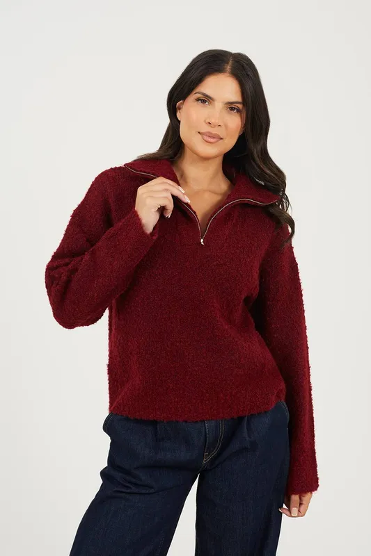Brave Soul Women's Boucle Yarn Jumper With Zip Neck in Wine Size: Small - Wine