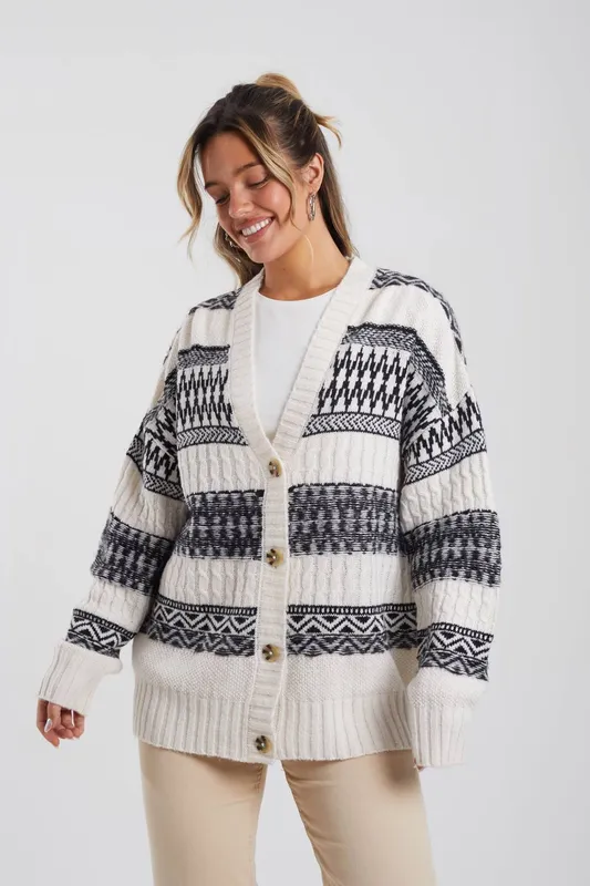Brave Soul Women's Button Through Fairisle Stripe Cardigan in Light Stone Size: XS Light Stone XS female