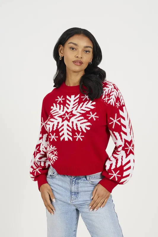 Brave Soul Women's Crew Neck Snowflake Christmas Jumper in Red Size: XS - Red
