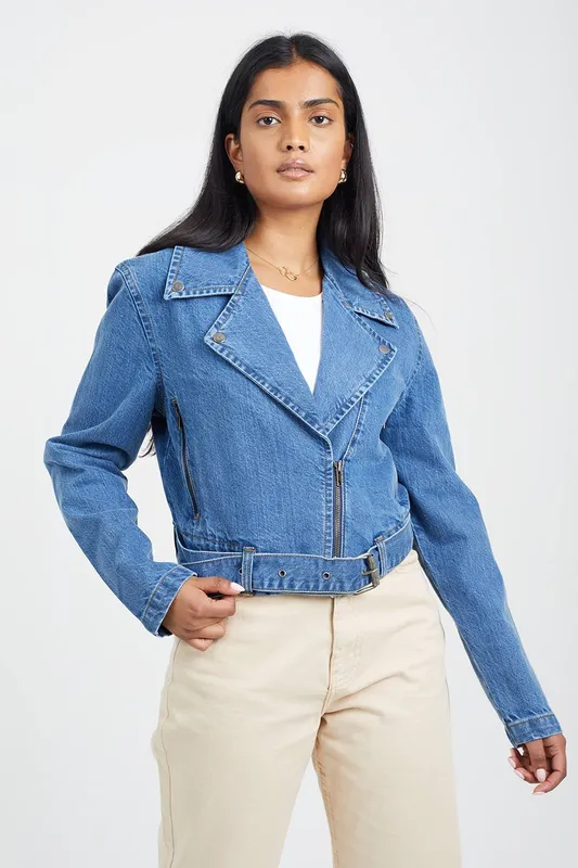 Brave Soul Women's Denim Biker Jacket in Mid Blue Size: 8 - Mid Blue