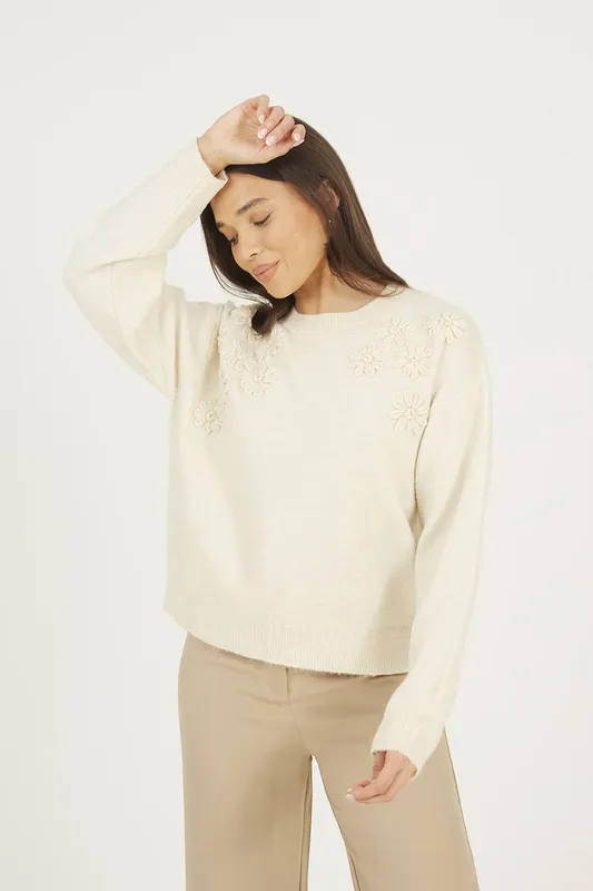 Brave Soul Women's Floral Embroidery Jumper in Stone Size: Large - Stone