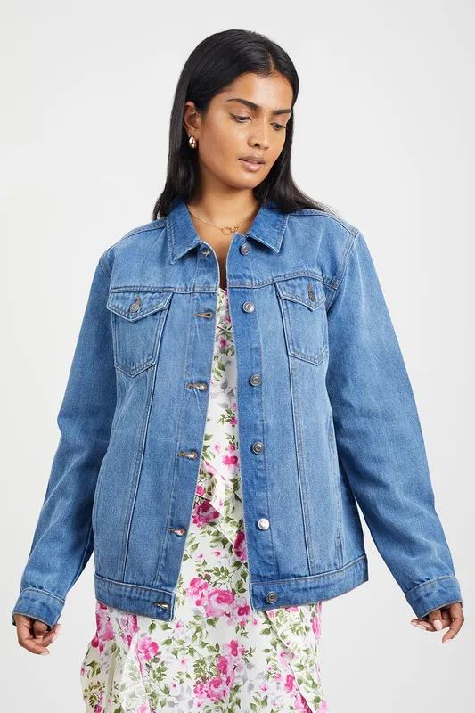 Brave Soul Women's Oversized Denim Jacket in Mid Blue Size: 8 Mid Blue 8
