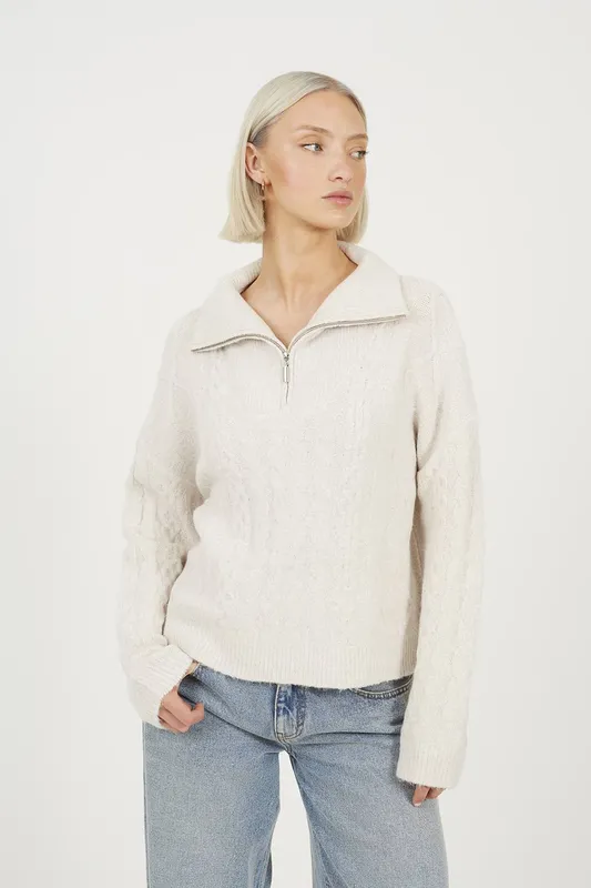 Brave Soul Quarter Zip Womens Cable Knit Jumper - - Size: M