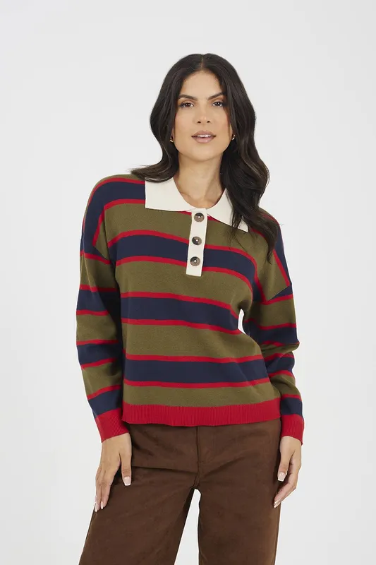 Brave Soul Women's Rubgy Stripe Knitted Jumper in Navy Size: XS - Navy