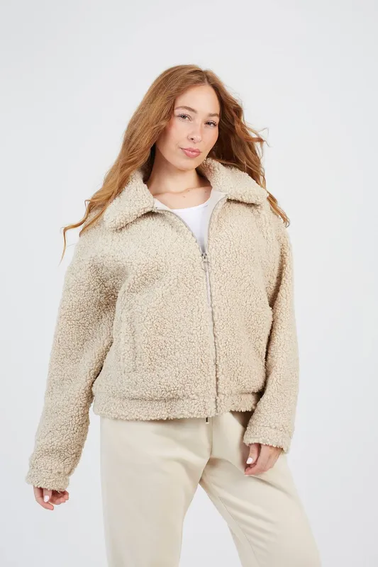 Brave Soul Women's Short Borg Jacket in Stone Size: 14 Stone