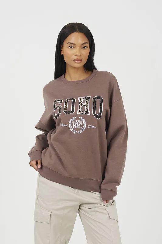 Brave Soul Women's Slogan Crew Neck Sweatshirt in Taupe Size: XS Taupe XS