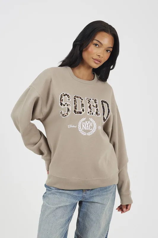 Brave Soul Women's Slogan Crew Neck Sweatshirt in Taupe Size: XS - Taupe