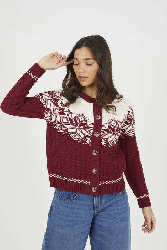 Brave Soul Women's Snowflake Fairisle Christmas Cardigan in Burgundy Size: XS Burgundy female