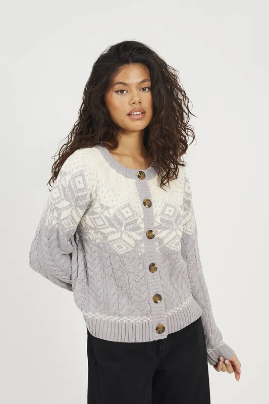 Brave Soul Women's Snowflake Fairisle Christmas Cardigan in Grey Size: Small Grey female