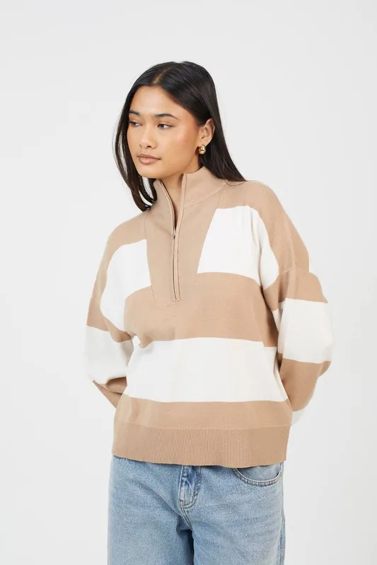 Brave Soul Striped Womens Half Zip Knitted Jumper - - Size: L