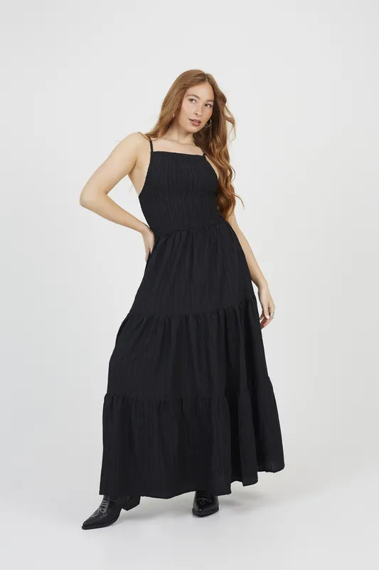 Brave Soul Womens Tiered Maxi Dress - Black - Size Small