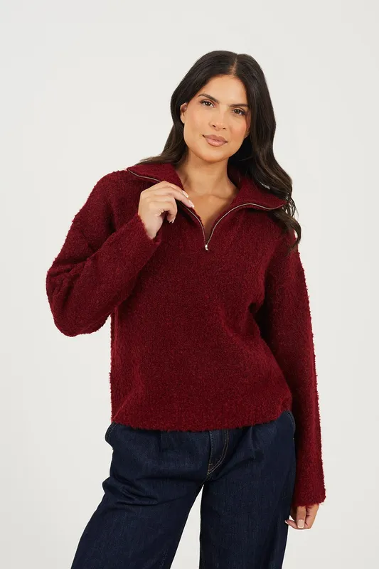 Brave Soul Zip Neck Womens Boucle Yarn Jumper - - Size: XS