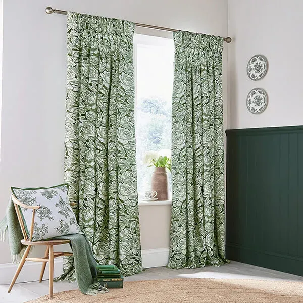 Burleigh x Bedeck of Belfast Hibiscus Lined Curtains 66" x 72", Green