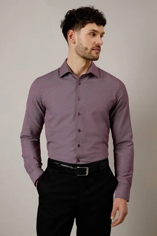 Burton Men's Burgundy Textured Slim Fit Shirt Size: 15 in - Burgundy - Size: 15 in