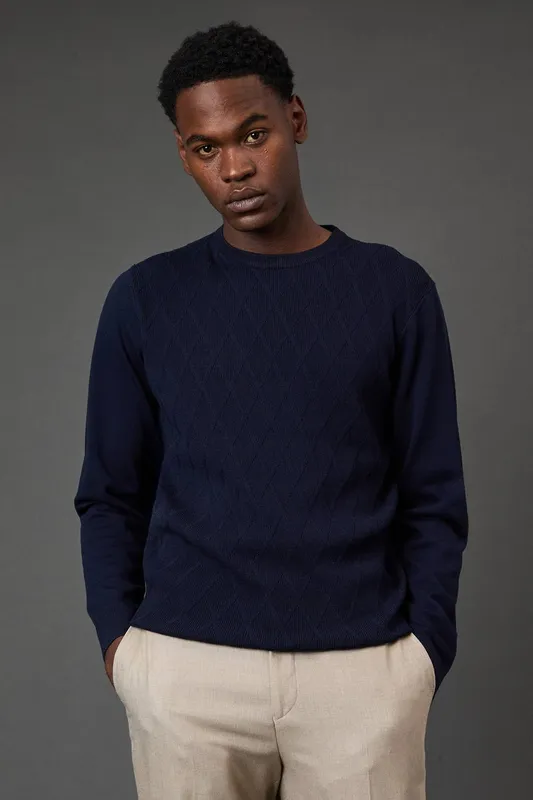 Burton Men's Navy Diamond Jacquard Crew Neck Jumper Size: Small Navy S