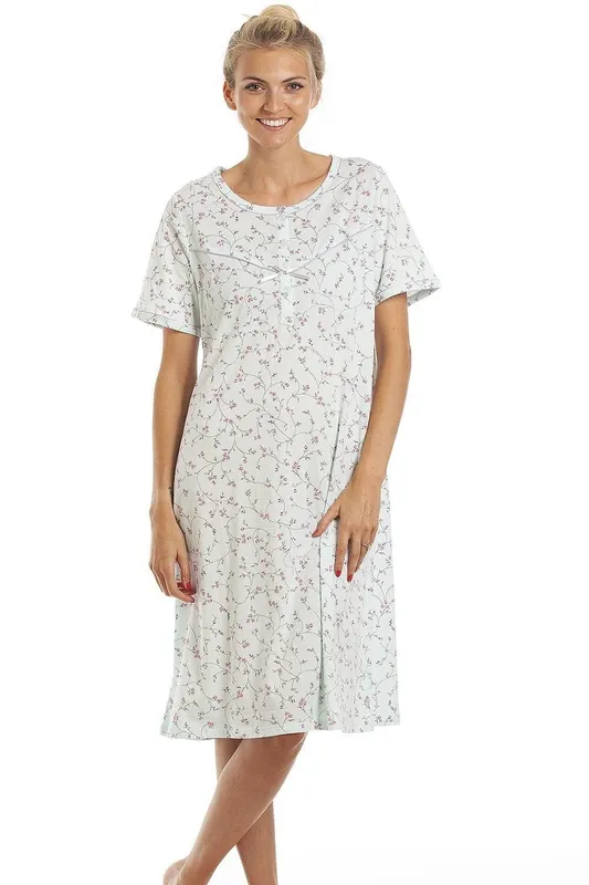 Camille Women's Classic Floral Print Nightdress in Aqua Size: 10-12 Aqua
