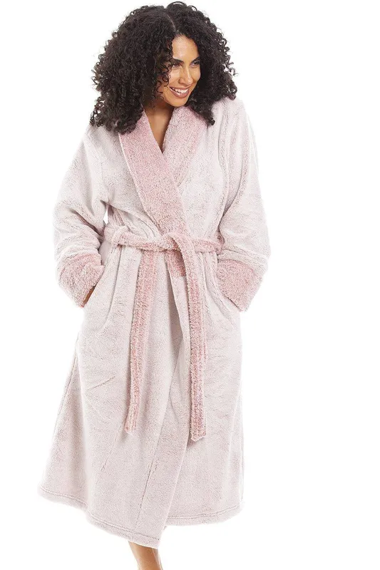 Camille Women's Deep Pile Fluffy Bathrobe With Reverse Collar & Cuffs in Pink Size: 18-20 Pink 18-20
