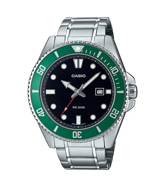 Casio Mens Stainless Steel Black Dial Green Bezel Diver Watch