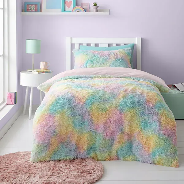 Catherine Lansfield Childrens Rainbow Cuddly Double Duvet Set Pastel