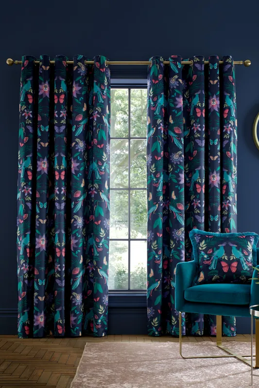 Catherine Lansfield Mya Tropical Birds Ready Made Eyelet Curtains Navy