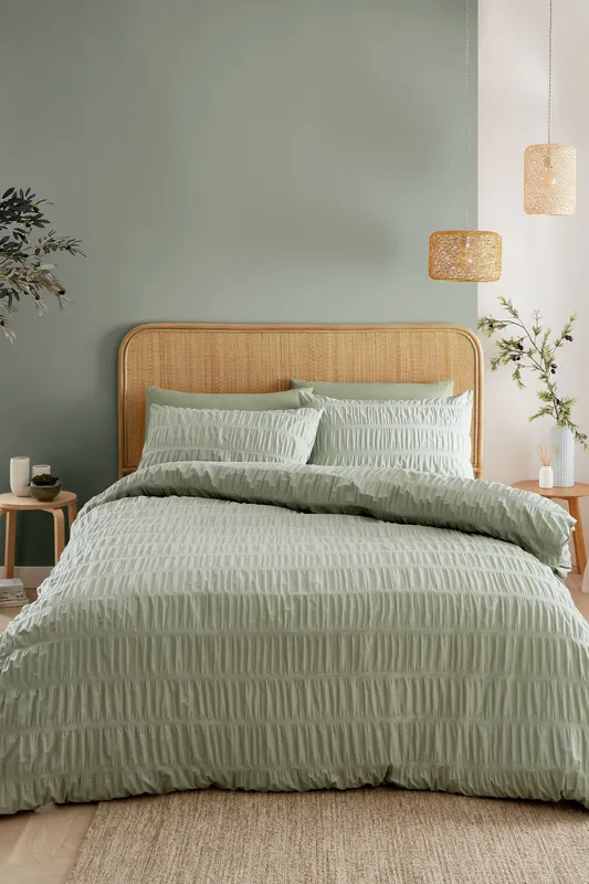 Catherine Lansfield Seersucker Super King Duvet Set Sage