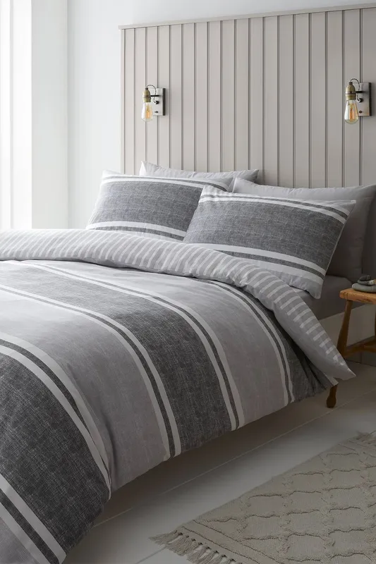 Catherine Lansfield Textured Banded Stripe Single Duvet Set Charcoal