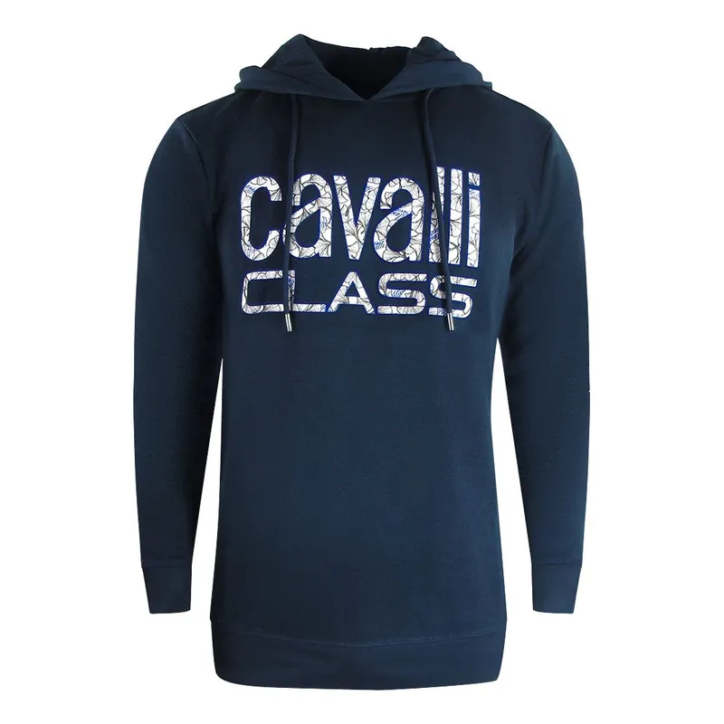 Cavalli Class Men's Floral Logo Navy Blue Hoodie Size: 2XL Blue 2XL