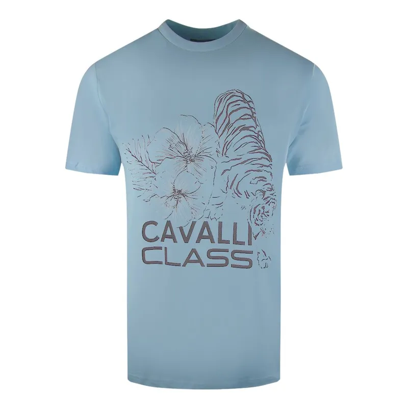 Cavalli Class Men's Floral Tiger Design Light Blue T-Shirt Size: XL Blue XL