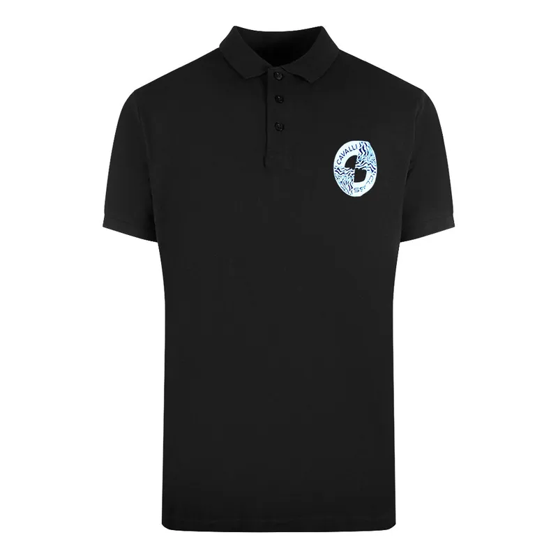 Cavalli Class Mens Circle Logo Black Polo Shirt Cotton - Size X-Large