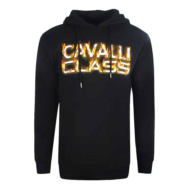 Cavalli Class Mens Fire Logo Black Hoodie Cotton - Size 2xl