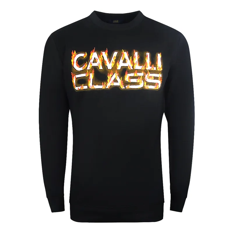 Cavalli Class Mens Fire Logo Design Black Sweatshirt Cotton - Size 2xl