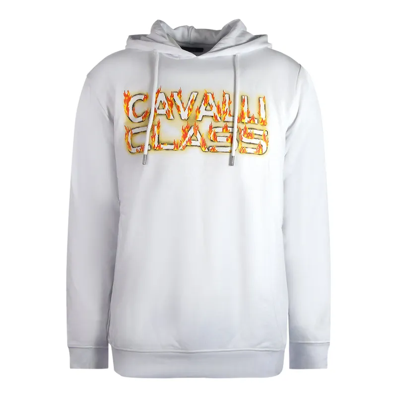 Cavalli Class Mens Fire Logo White Hoodie Cotton - Size X-Large