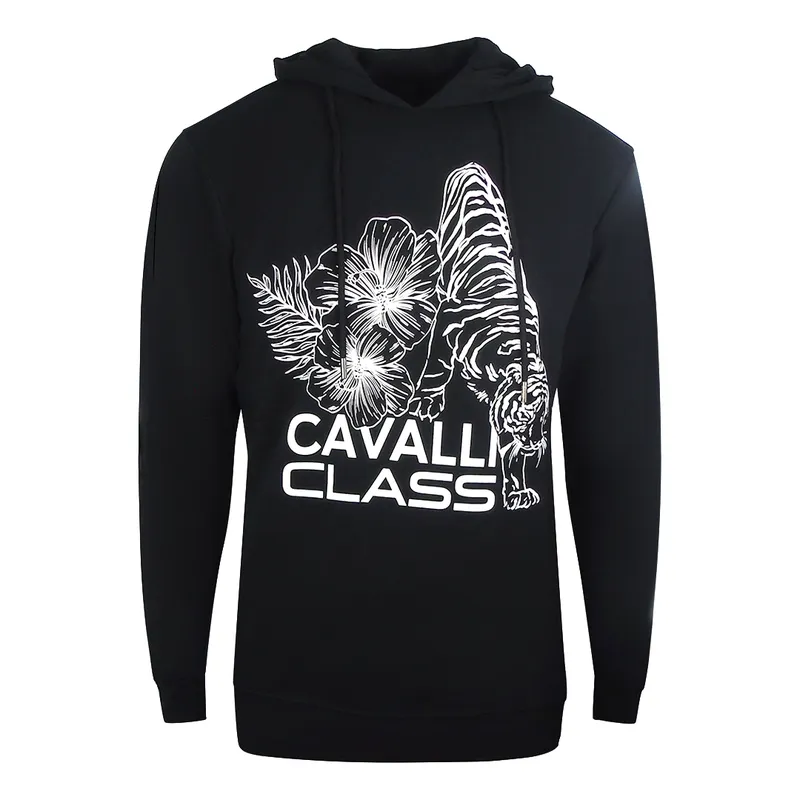 Cavalli Class Mens Floral Logo Black Hoodie Cotton - Size X-Large