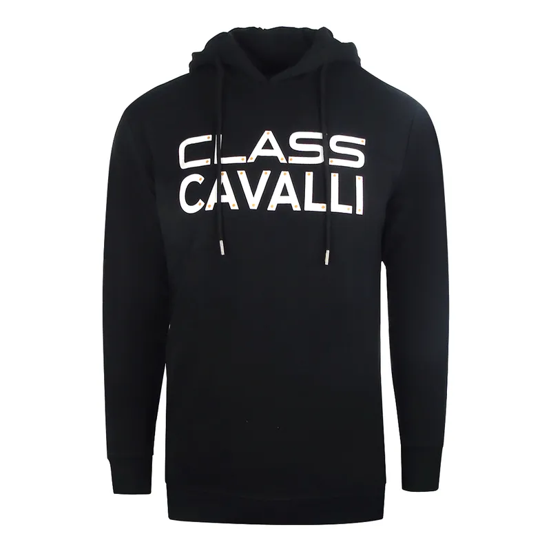 Cavalli Class Mens Reverse Logo Black Hoodie Cotton - Size Large