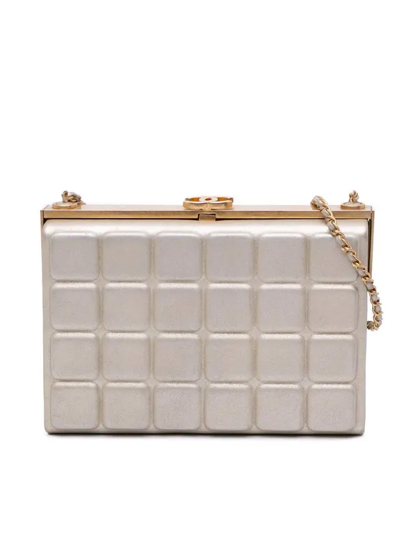 Chanel Women's Preloved Chocolate Bar Metallic Lambskin Frame Clutch with Chain Bag in Gold - Gold