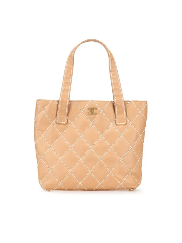 Chanel Women's Preloved Small CC Calfskin Wild Stitch Tote Bag in Brown - Brown