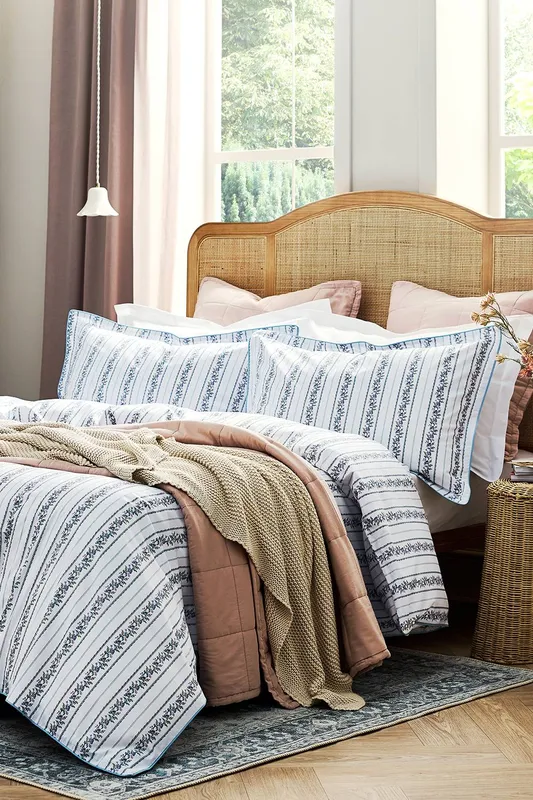 Christy 'Clara' Jacobean Floral Striped Percale Duvet Cover Set in Blue Size: Super King - Blue