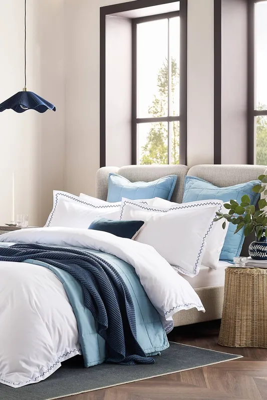 Christy 'Wave Edge' Embroidered Cotton Percale Duvet Cover Sets in Blue Size: Double - Blue - Size: Double