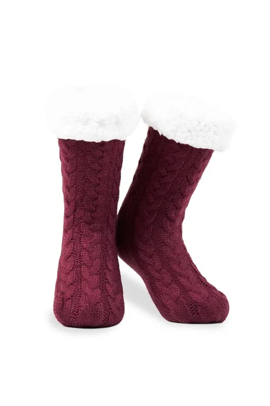 CityComfort Women's Fluffy Knitted Sock Slippers in Burgundy - Burgundy