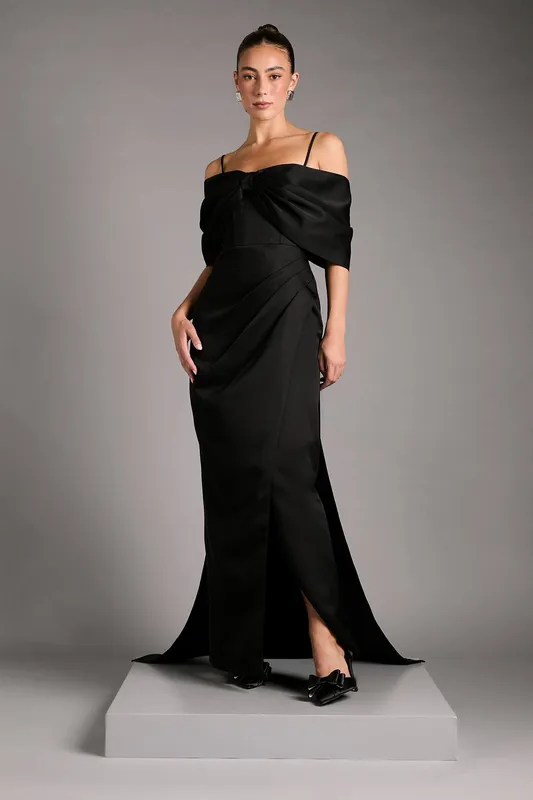 Coast Women's Bardot Satin Dress With Bow Back Detail in Black Size: 8 Black 8
