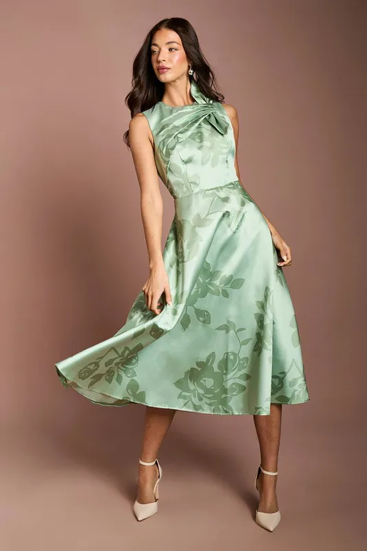 Coast Women's Bow Detail Pleat Midi Dress in Sage Size: 8 - Sage - Size: 8