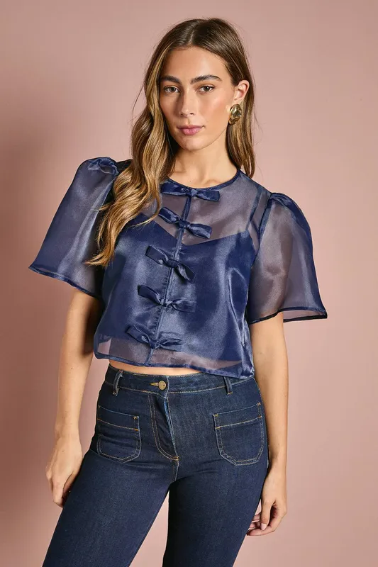 Coast Women's Bow Front Organza Blouse in Navy Size: 14 Navy 14