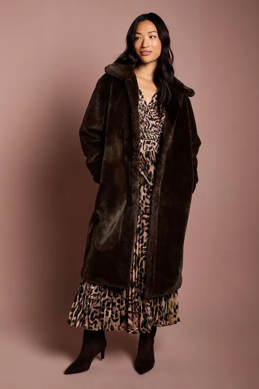 Coast Women's Chocolate Faux Fur Longline Collared Coat Size: 16 - Chocolate