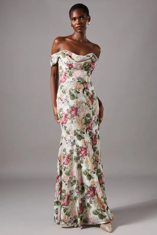 Coast Women's Floral Bardot Maxi Dress in Cream Size: 12 - Cream