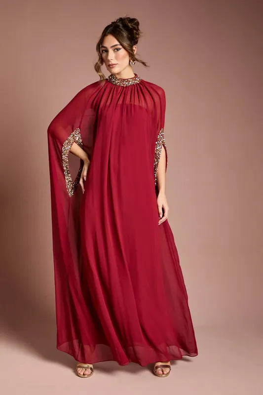 Coast Women's Muse Chiffon Cape Dress in Wine Size: 8 - Wine