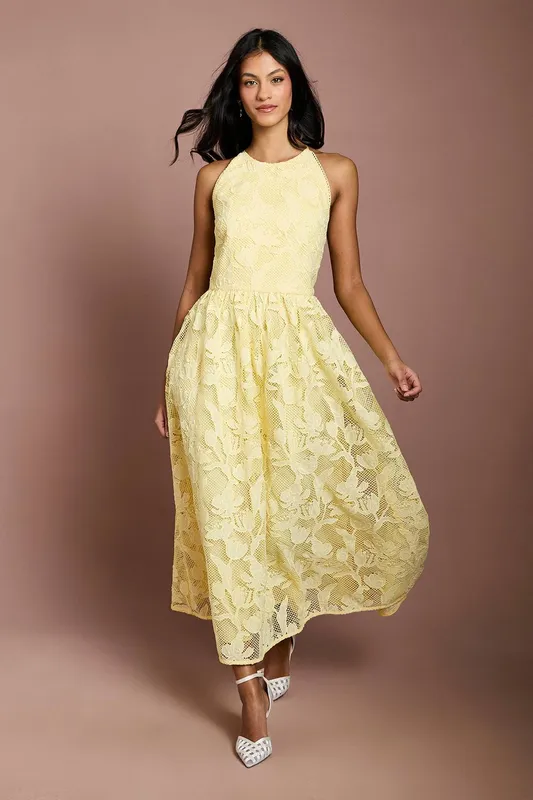 Coast Women's Petite Halterneck Lace Midi Dress in Butter Size: 4 - Butter
